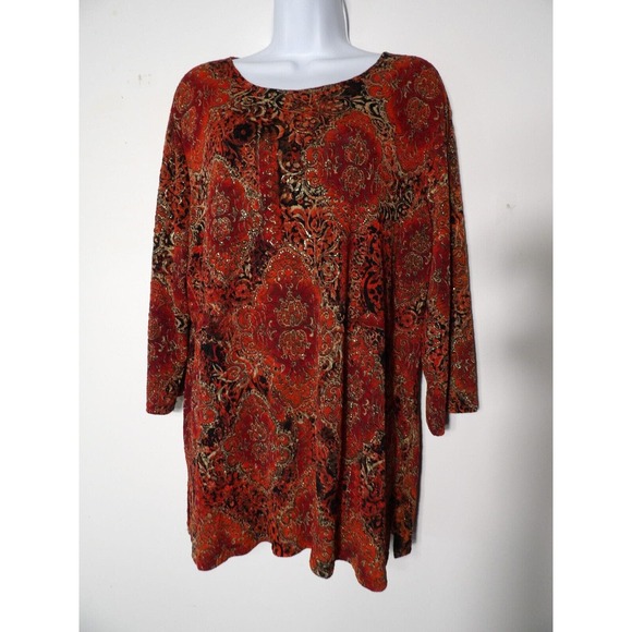 JM Collection Woman 1X Top Blouse Boho Floral Paisley Maroon Black Artsy - Picture 1 of 9